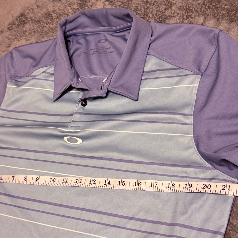 Oakley Mens Golf Polo Shirt Sz M Striped Short Sleeve Performance Gray Blue‎ - Picture 5 of 6
